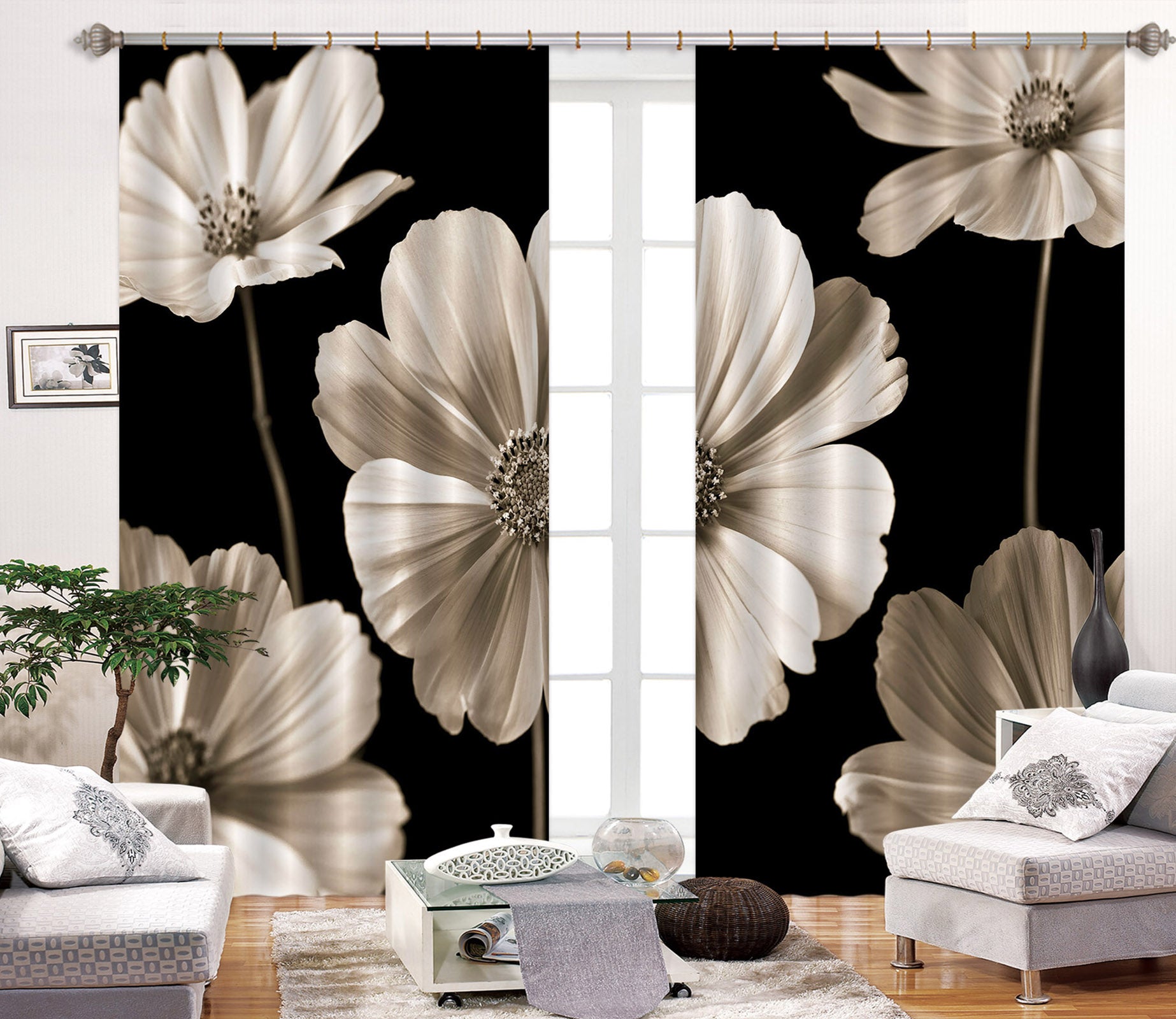 3D White Flowers 6307 Assaf Frank Curtain Curtains Drapes