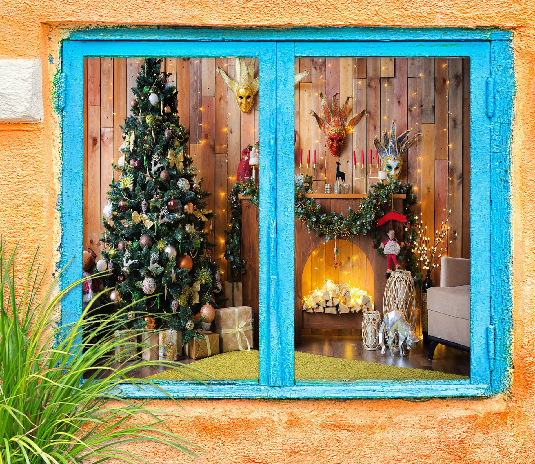 3D Christmas Tree Fireplace 30073 Christmas Window Film Print Sticker Cling Stained Glass Xmas