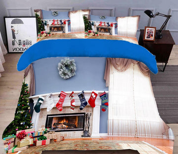 3D Fireplace Socks 31203 Christmas Quilt Duvet Cover Xmas Bed Pillowcases