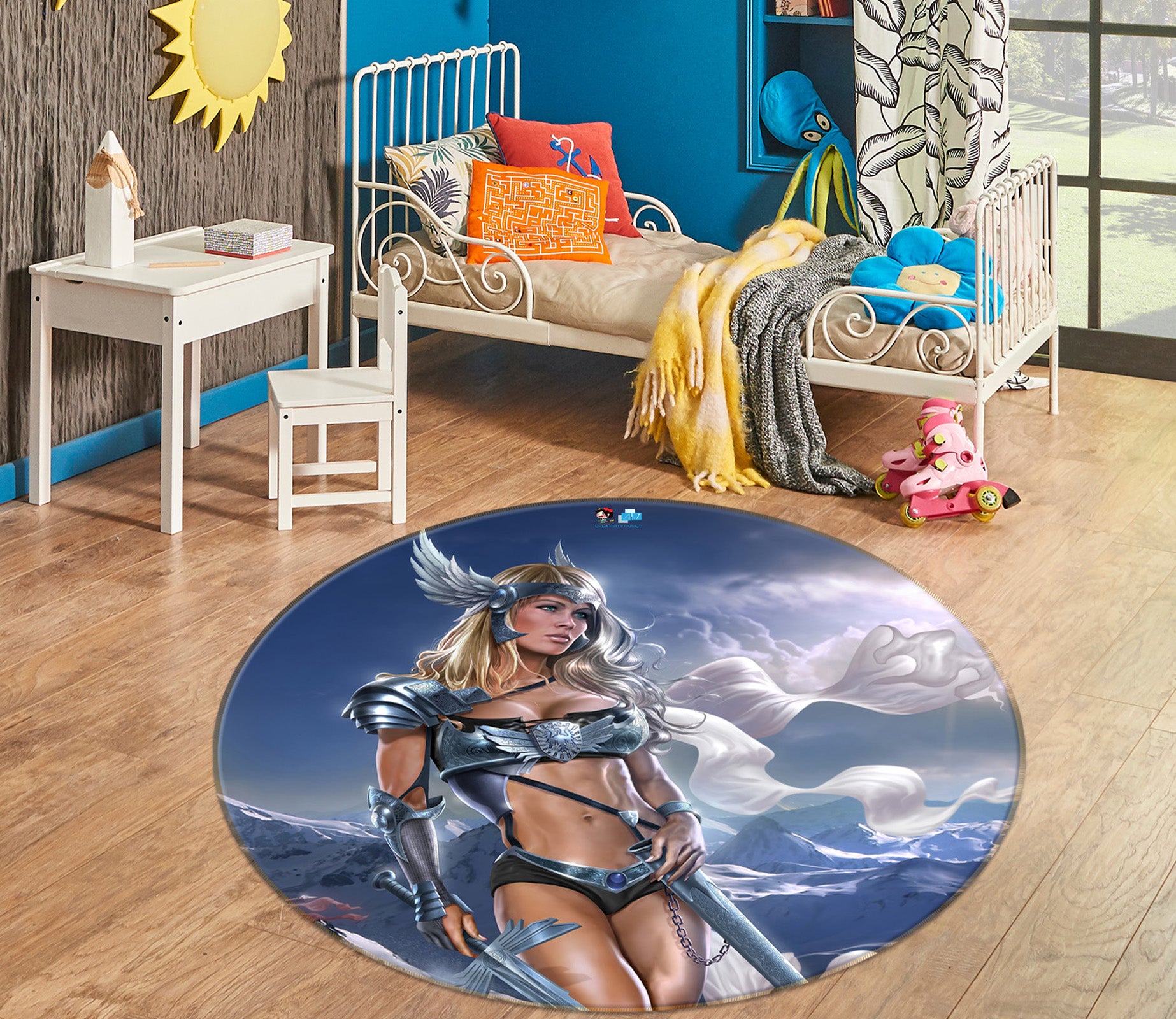 3D Female Warrior Snow Mountain 4177 Tom Wood Rug Round Non Slip Rug Mat