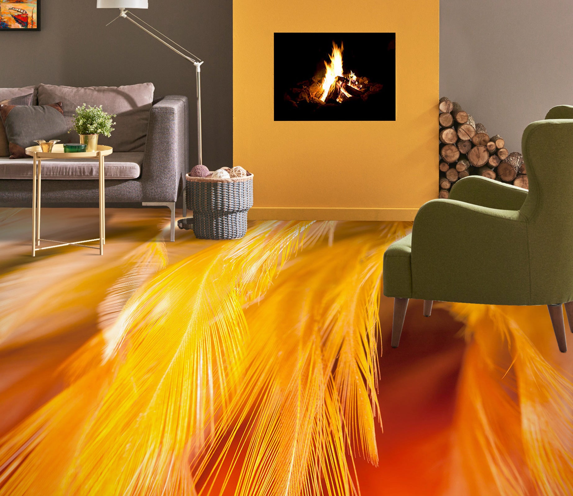 3D Dazzling Yellow Feathers 1145 Floor Mural  Wallpaper Murals Self-Adhesive Removable Print Epoxy