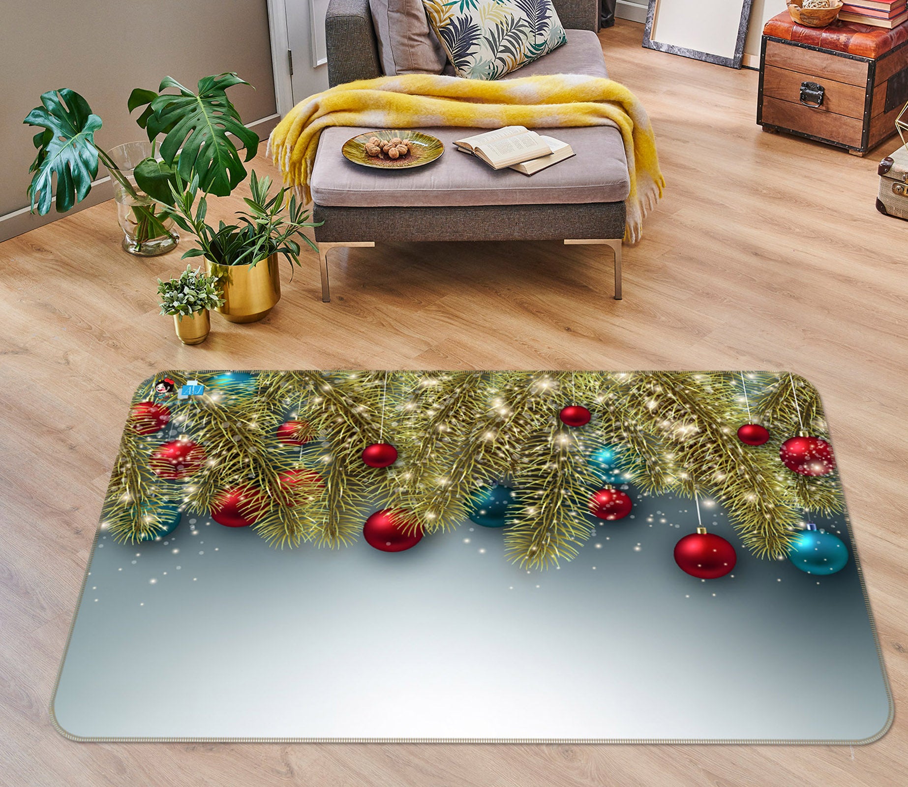 3D Golden Branches Colored Balls 56210 Christmas Non Slip Rug Mat Xmas
