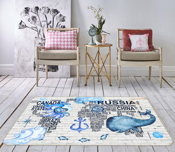 3D Blue Whale 206 World Map Non Slip Rug Mat