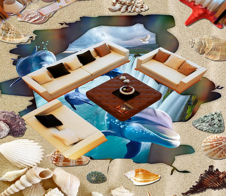3D Waterfall Dolphin 528 Floor Mural  Wallpaper Murals Rug & Mat Print Epoxy waterproof bath floor