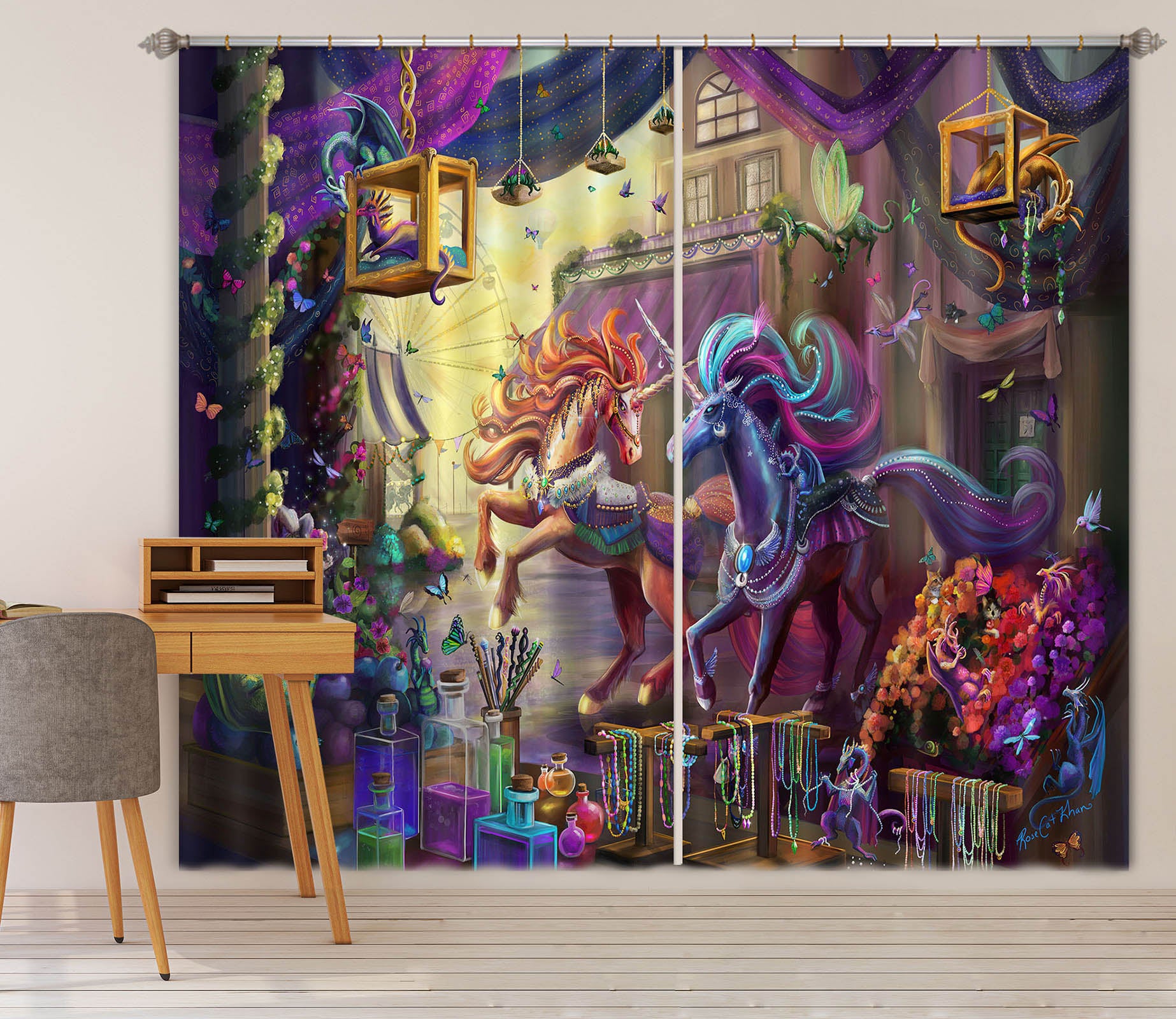 3D Sun Unicorn 128 Rose Catherine Khan Curtain Curtains Drapes