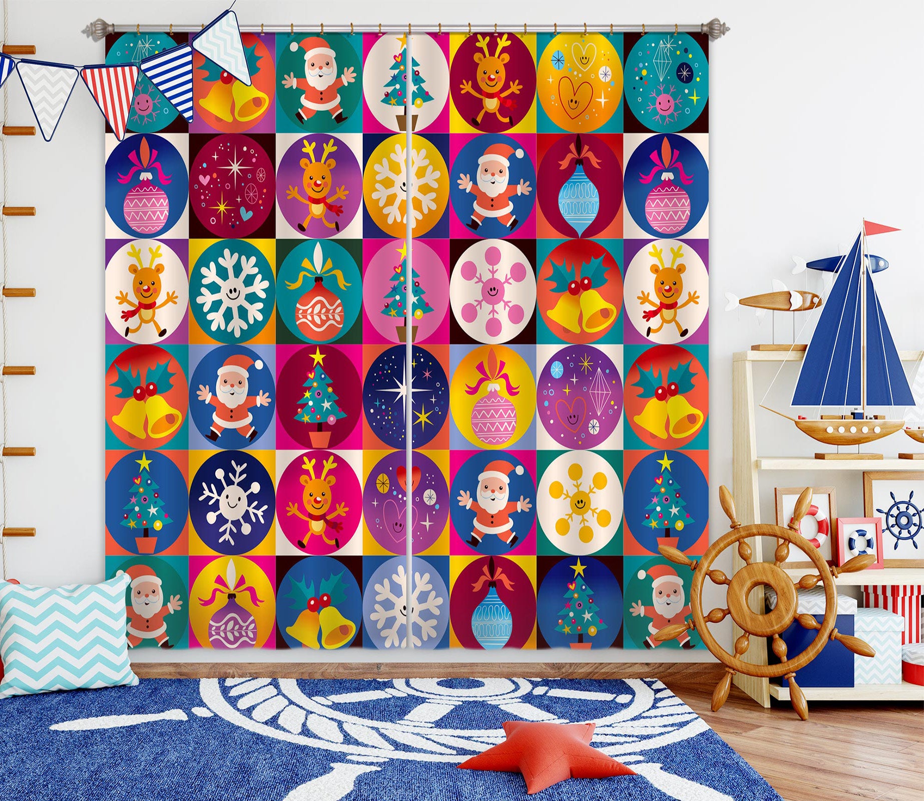 3D Snowflake Santa Circle Pattern 53077 Christmas Curtains Drapes Xmas