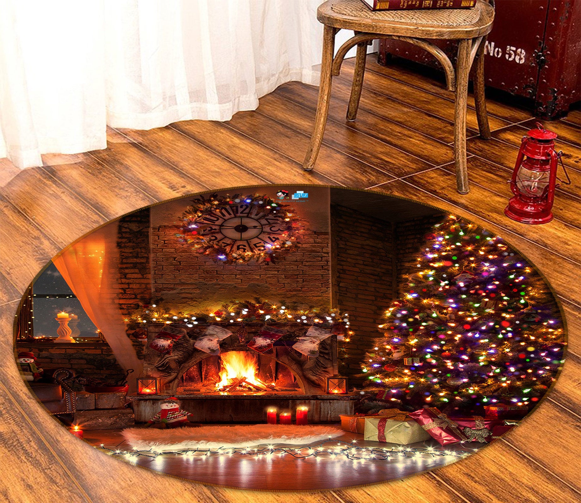 3D Fireplace Tree 55254 Christmas Round Non Slip Rug Mat Xmas