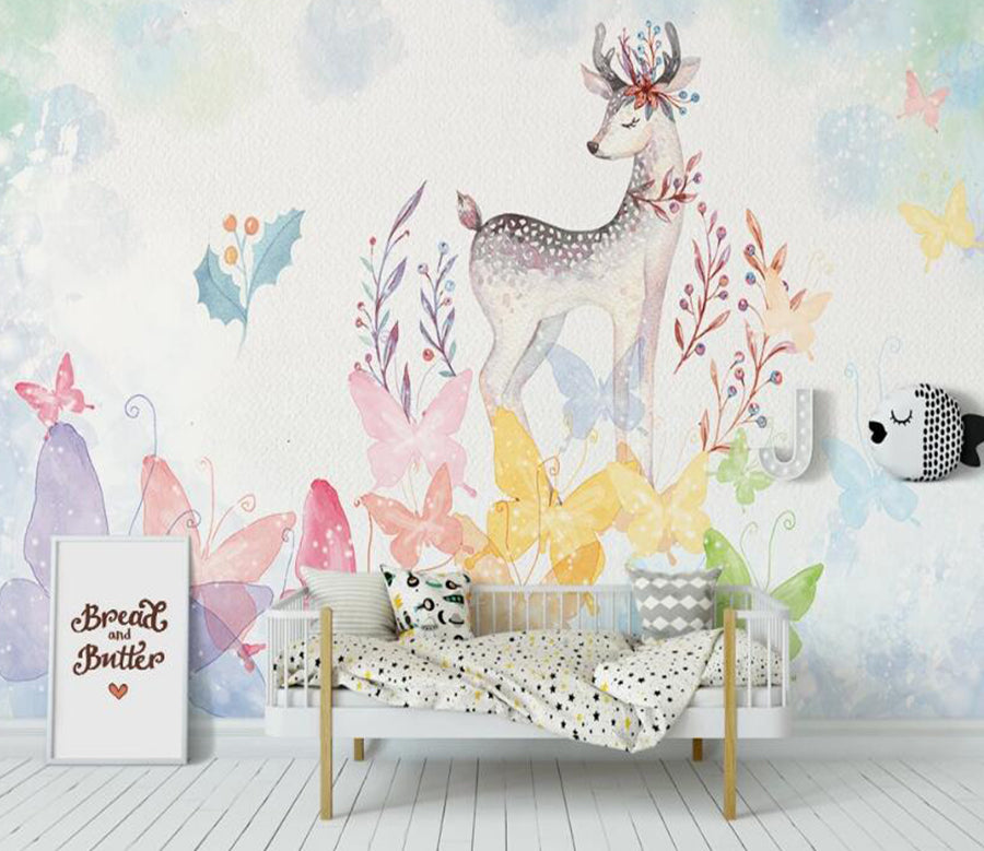 3D Deer And Colorful Butterflies 921 Wall Murals