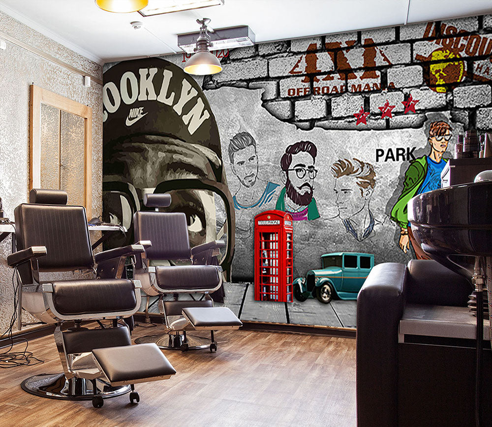 3D Phone Booth Car 1461 Barber Shop Wall Murals
