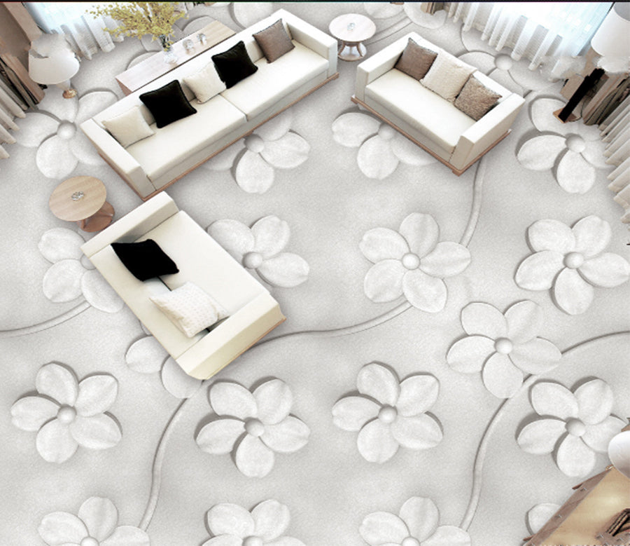 3D White Velvet Fower 189 Floor Mural  Self-Adhesive Sticker Bathroom Non-slip Waterproof Flooring Murals