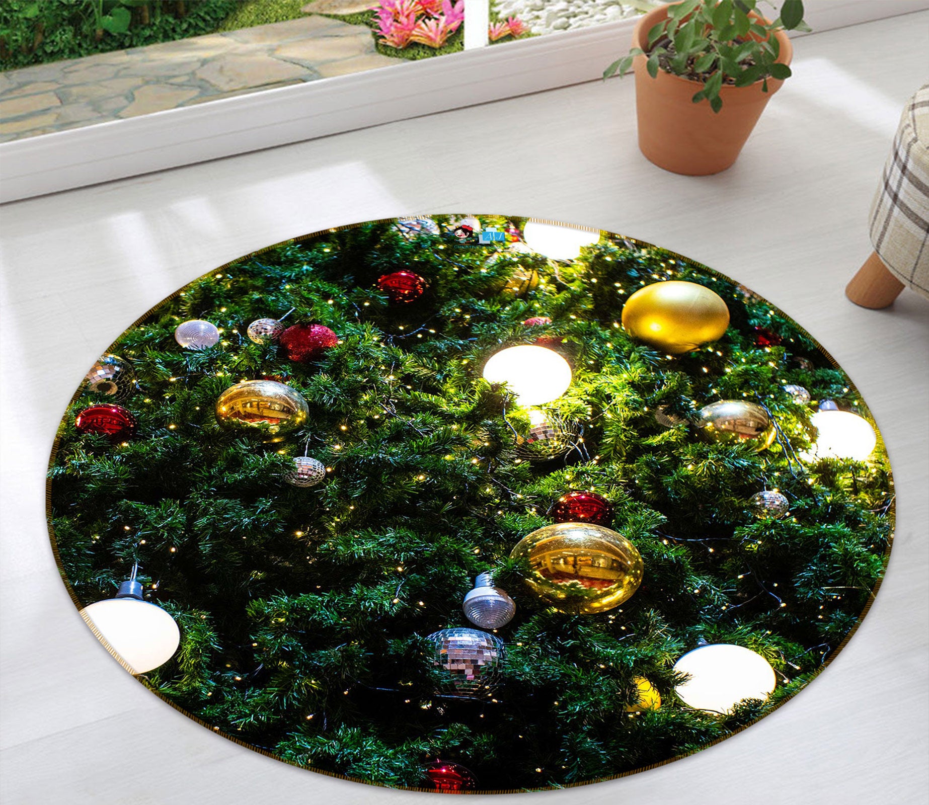 3D Tree Ball 55249 Christmas Round Non Slip Rug Mat Xmas