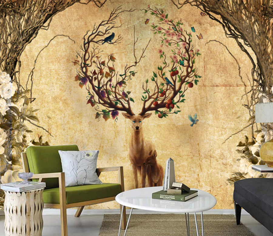 3D Flower Deer WG266 Wall Murals