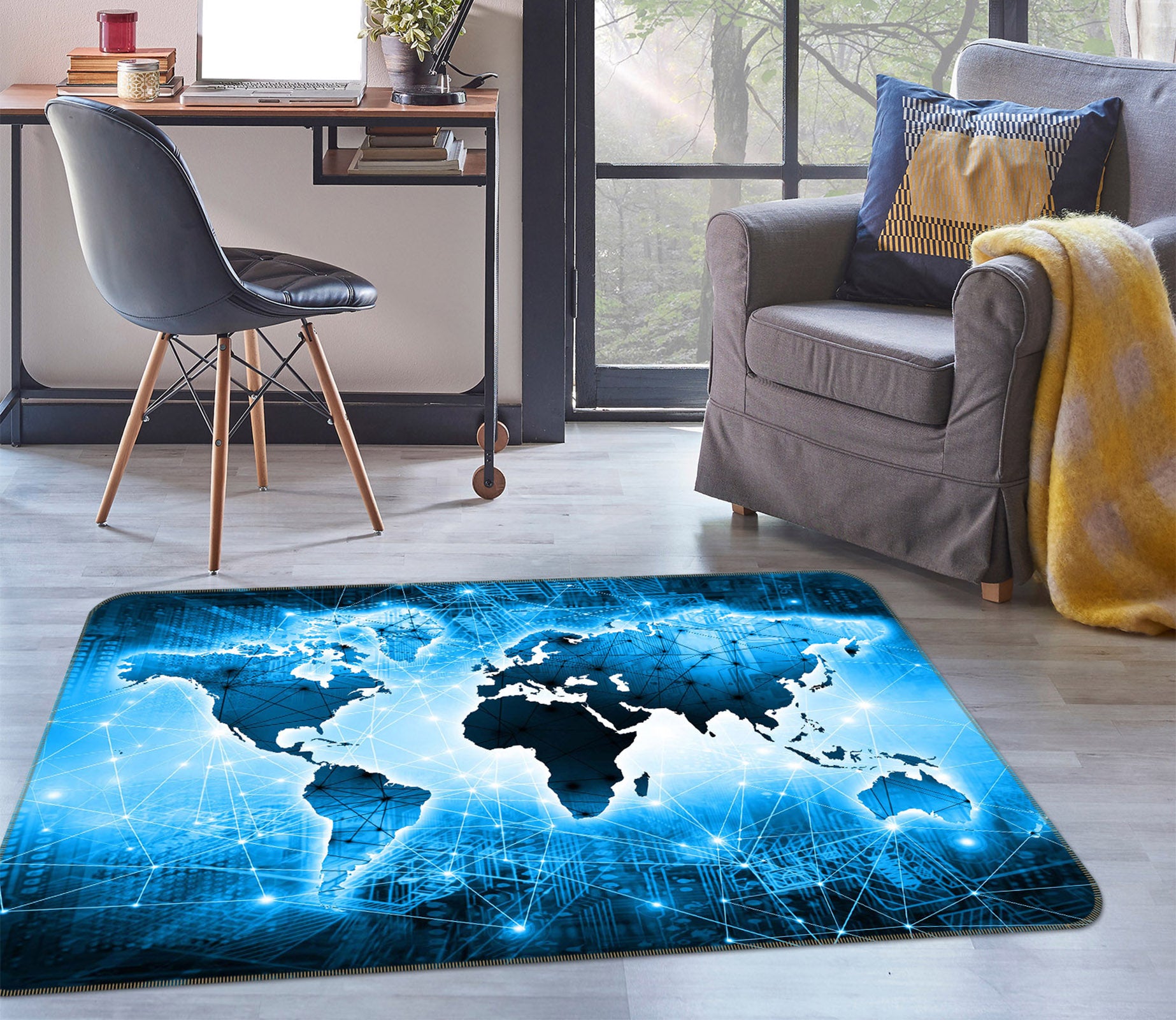 3D Blue World 251 World Map Non Slip Rug Mat