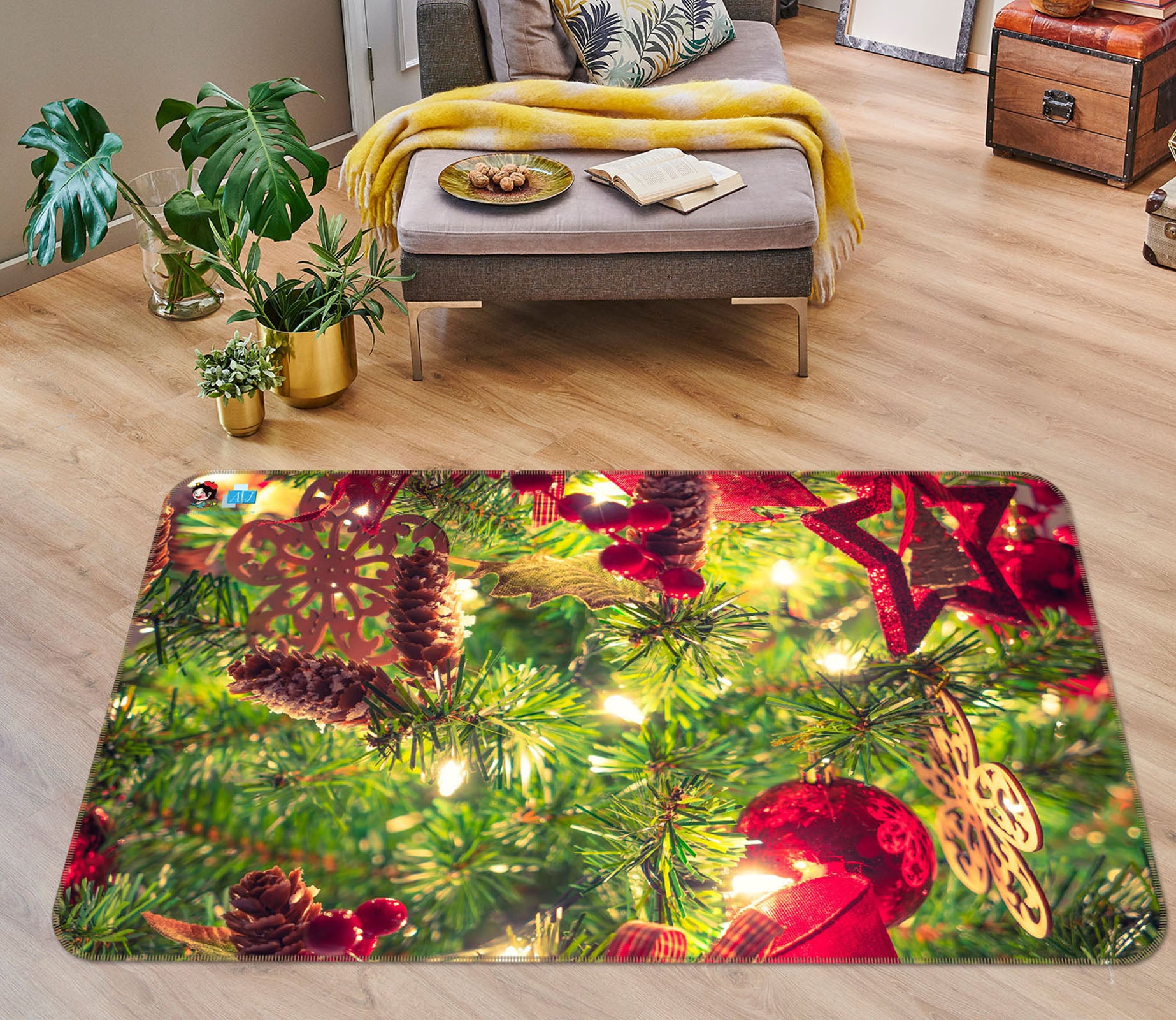 3D Tree Red Star Ball 56202 Christmas Non Slip Rug Mat Xmas