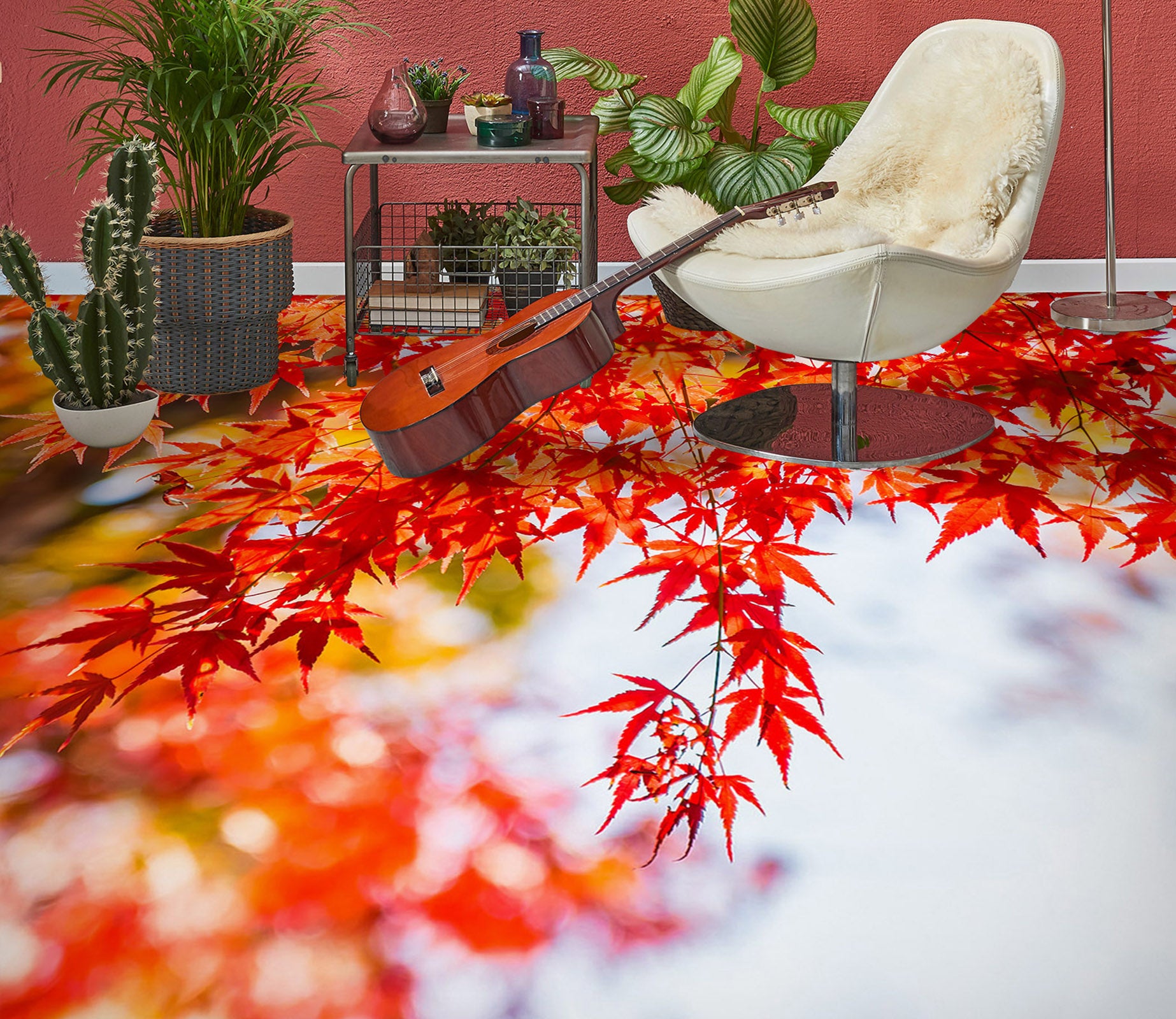 3D Romantic Red Maple Leaves 1266 Floor Mural  Wallpaper Murals Self-Adhesive Removable Print Epoxy