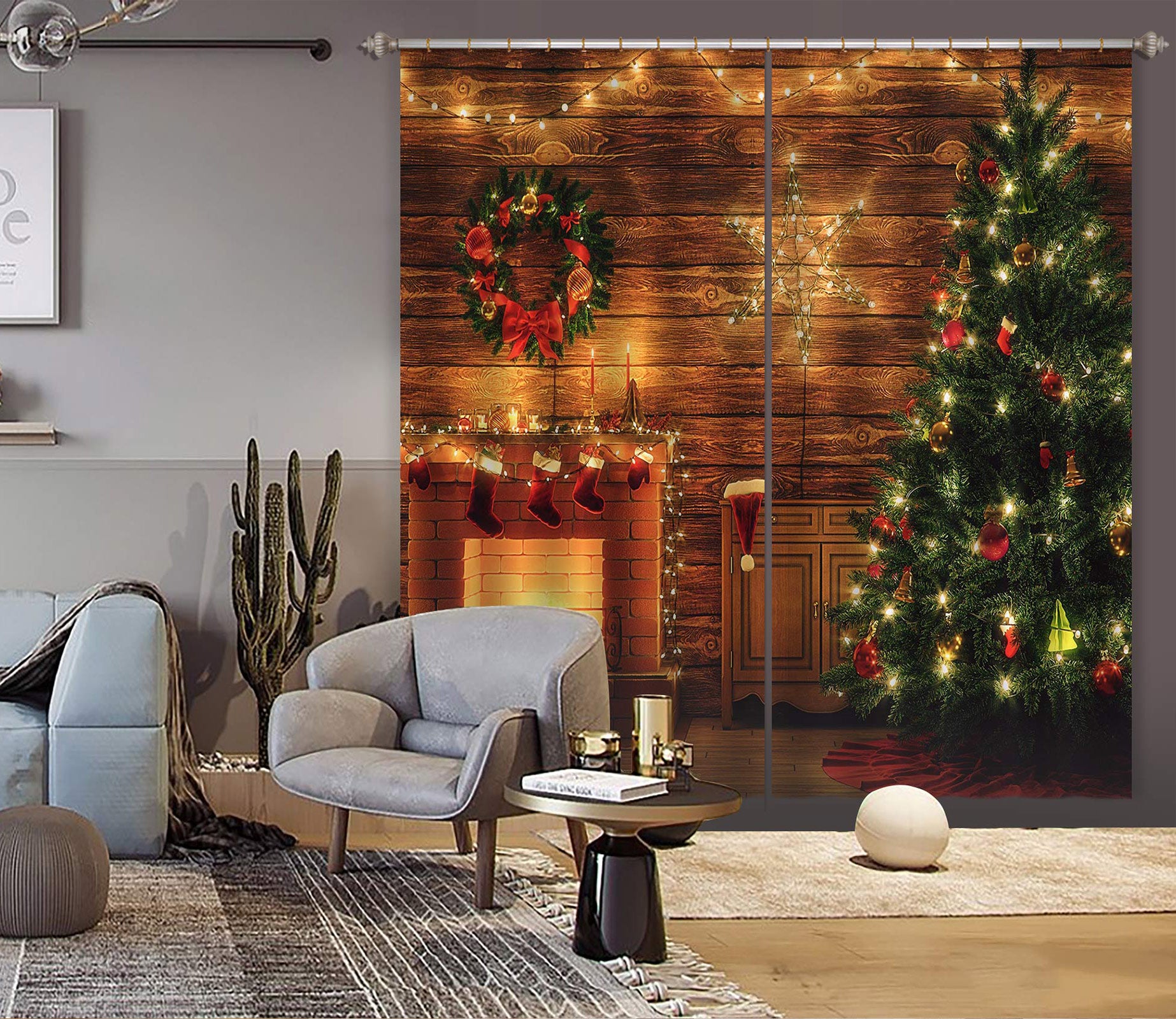 3D Tree Fireplace 53144 Christmas Curtains Drapes Xmas