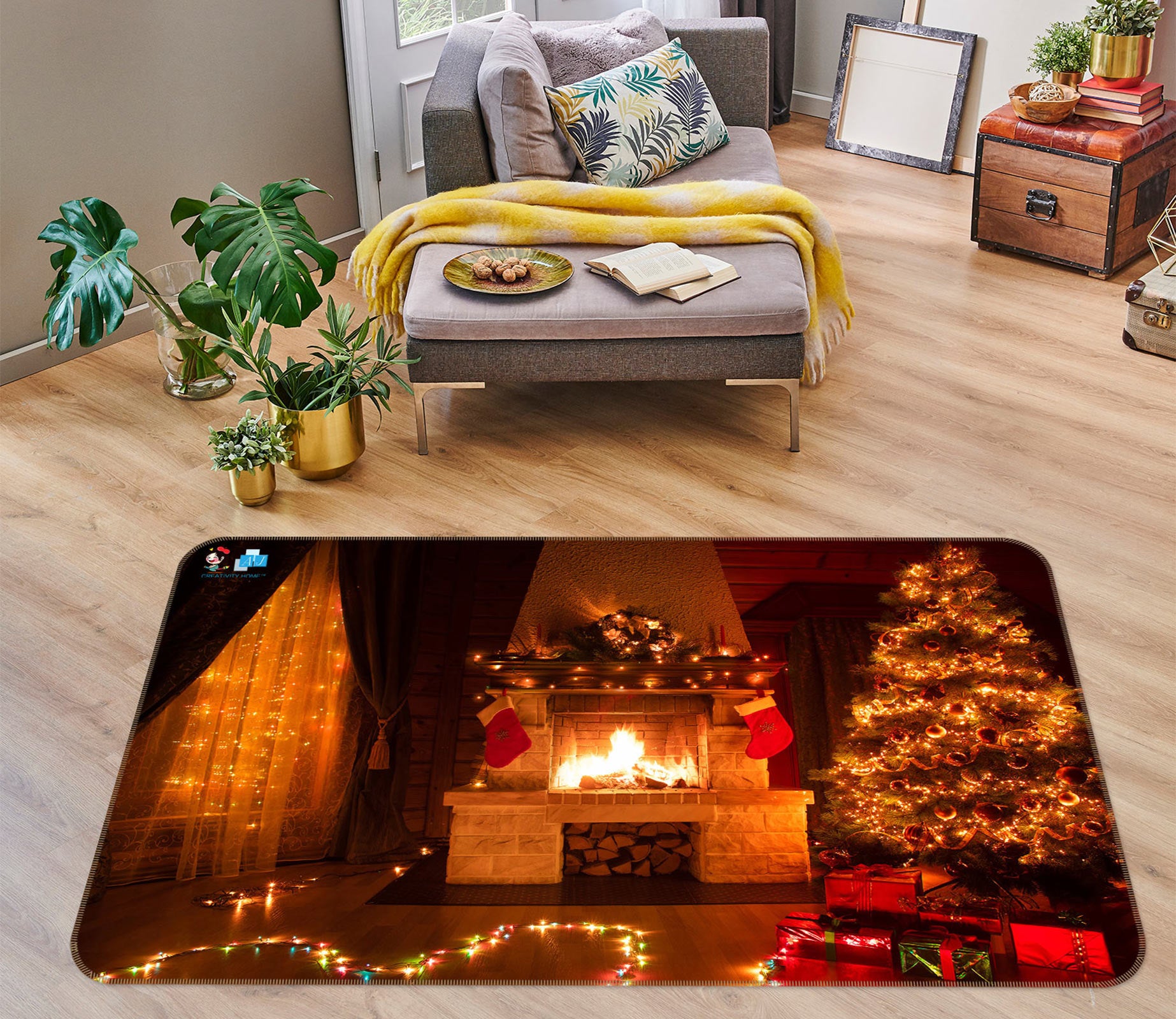 3D Lighted Tree Fireplace 56164 Christmas Non Slip Rug Mat Xmas