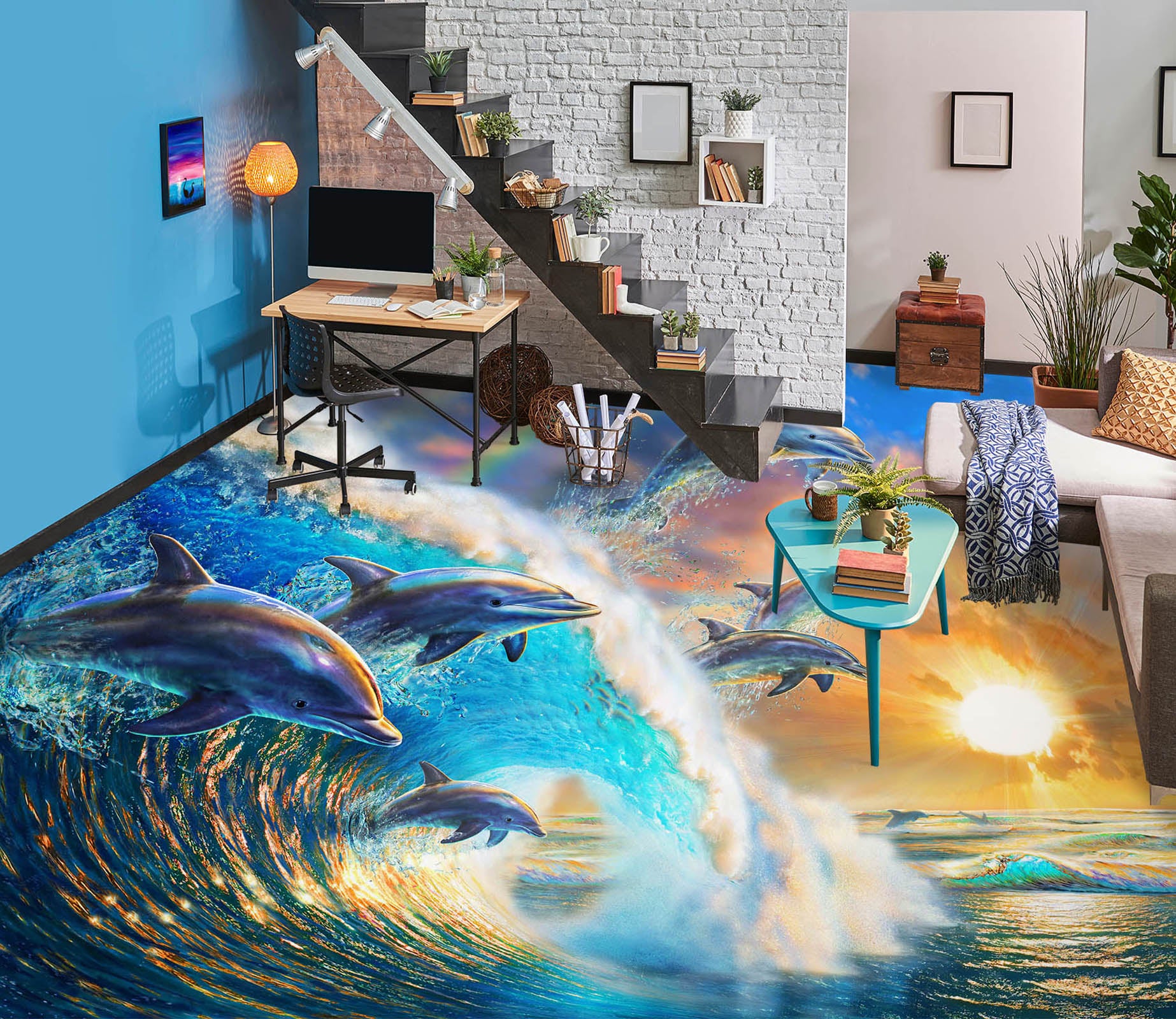 3D Dolphin Waves 98168 Adrian Chesterman Floor Mural  Wallpaper Murals Self-Adhesive Removable Print Epoxy