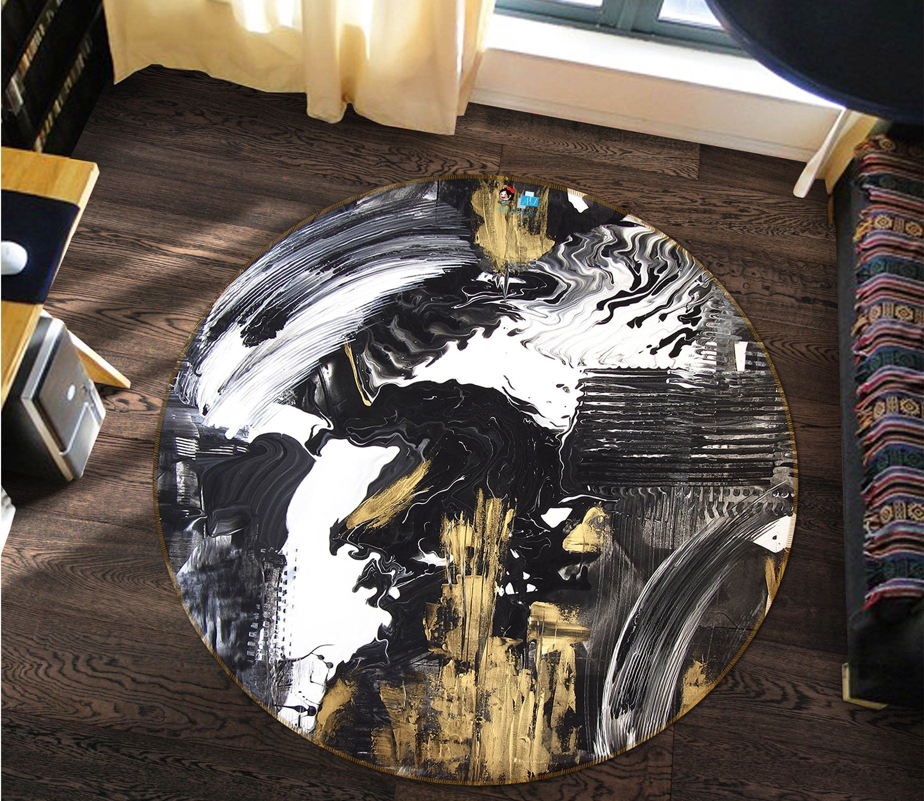 3D White Black Gold 122 Round Non Slip Rug Mat Mat AJ Creativity Home 