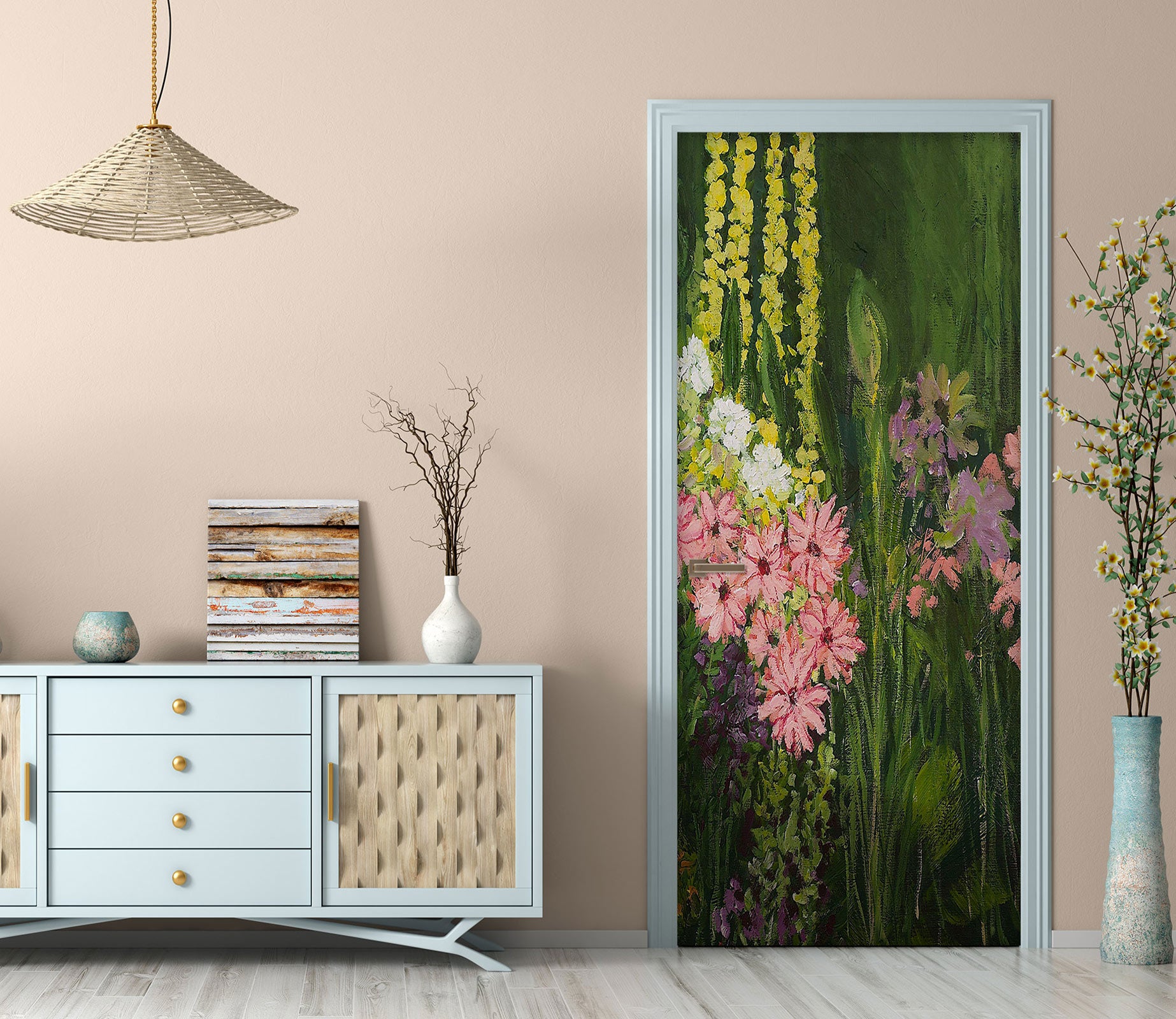 3D Pink Flowers Yellow Vine 9363 Allan P. Friedlander Door Mural