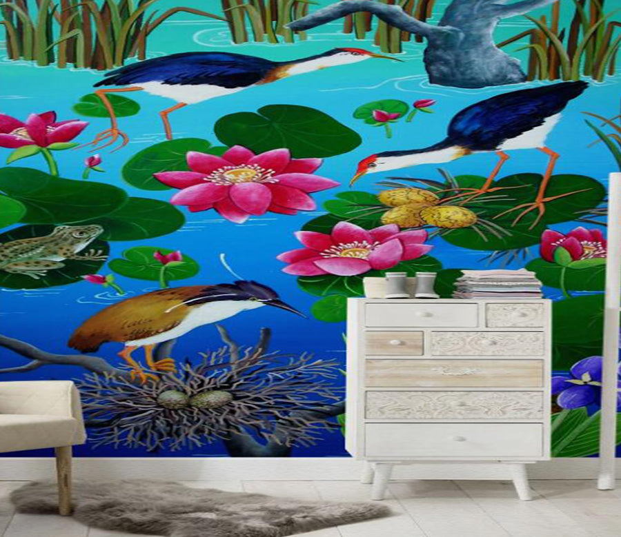 3D Birds On Lotus Leaf 824 Wall Murals