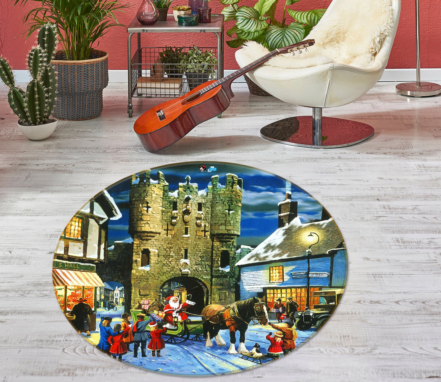 3D Santa Claus 044 Kevin Walsh Rug Round Non Slip Rug Mat