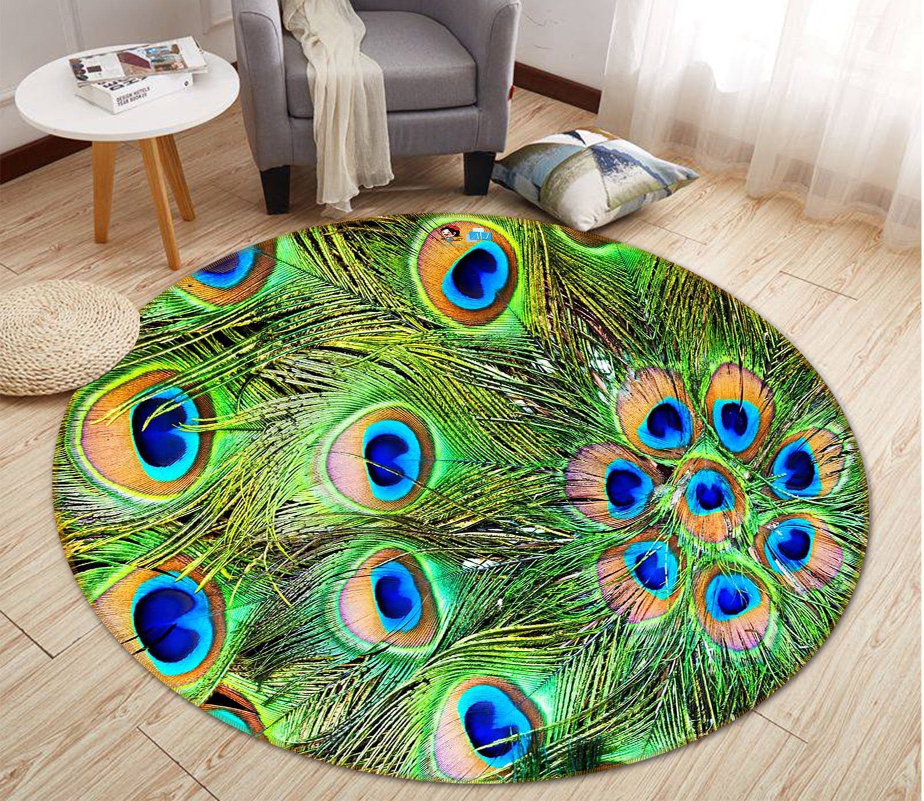 3D Bright Peacock Feathers 1 Round Non Slip Rug Mat Mat AJ Creativity Home 