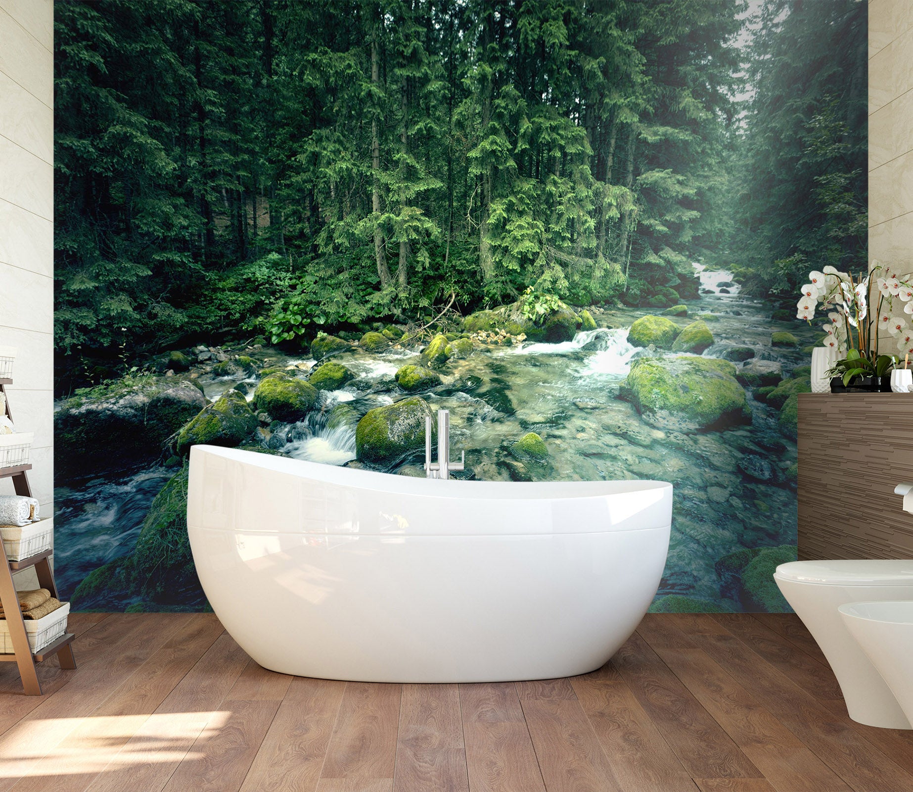 3D River Moss Forest 121 Wall Murals