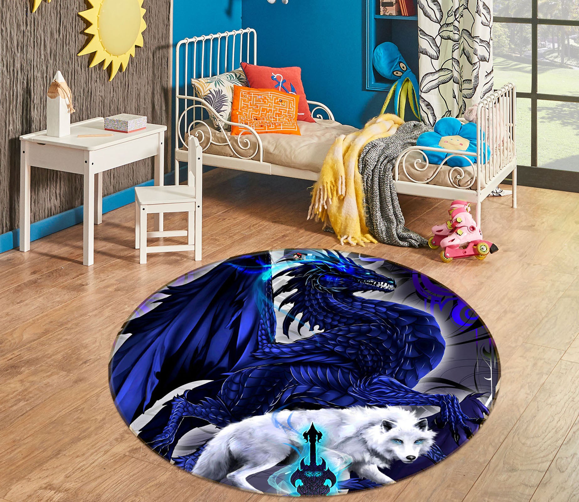 3D Dragon Wolf 8363 Ruth Thompson Rug Round Non Slip Rug Mat