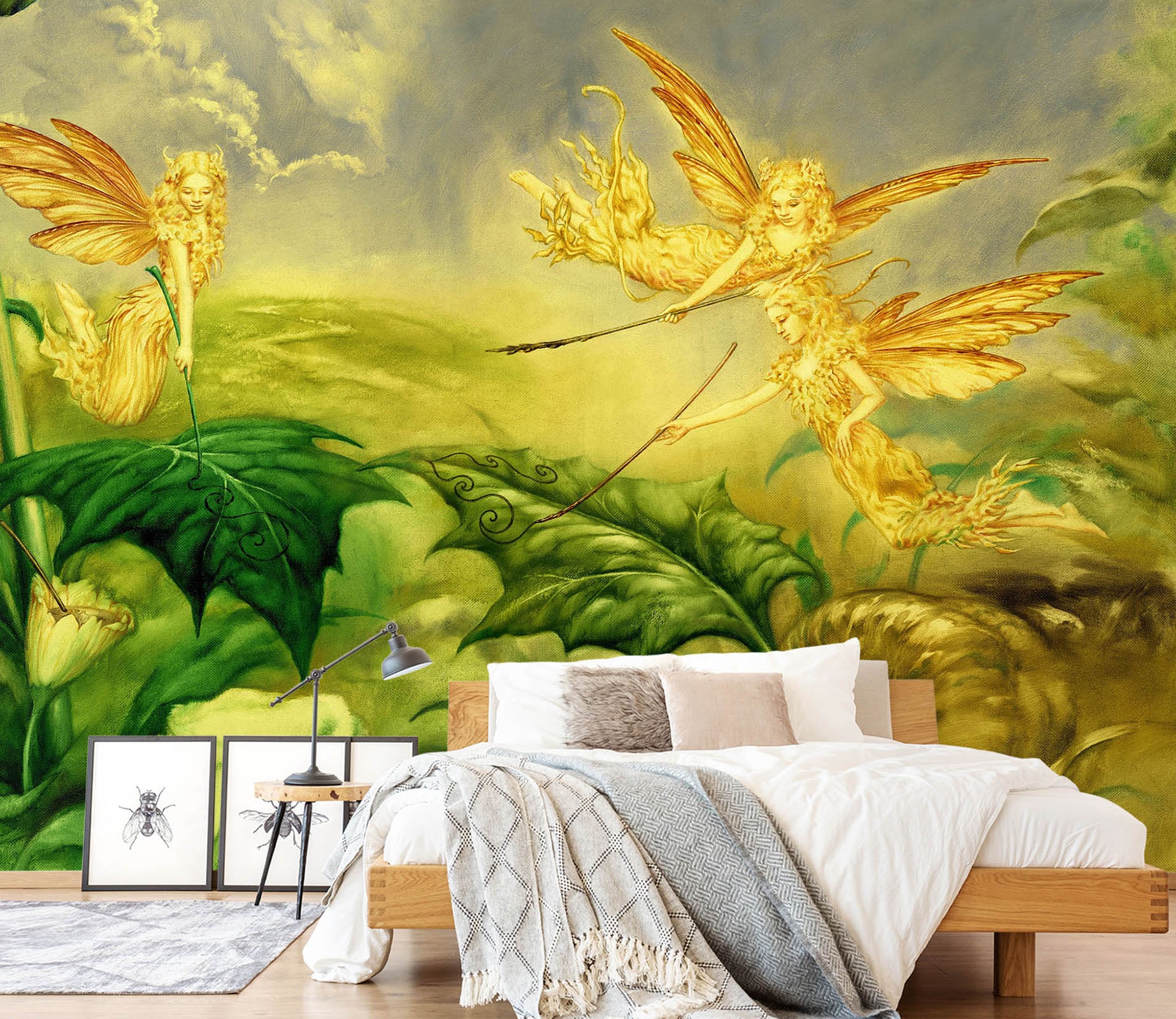 3D Golden Elf Leaves 7073 Ciruelo Wall Mural Wall Murals