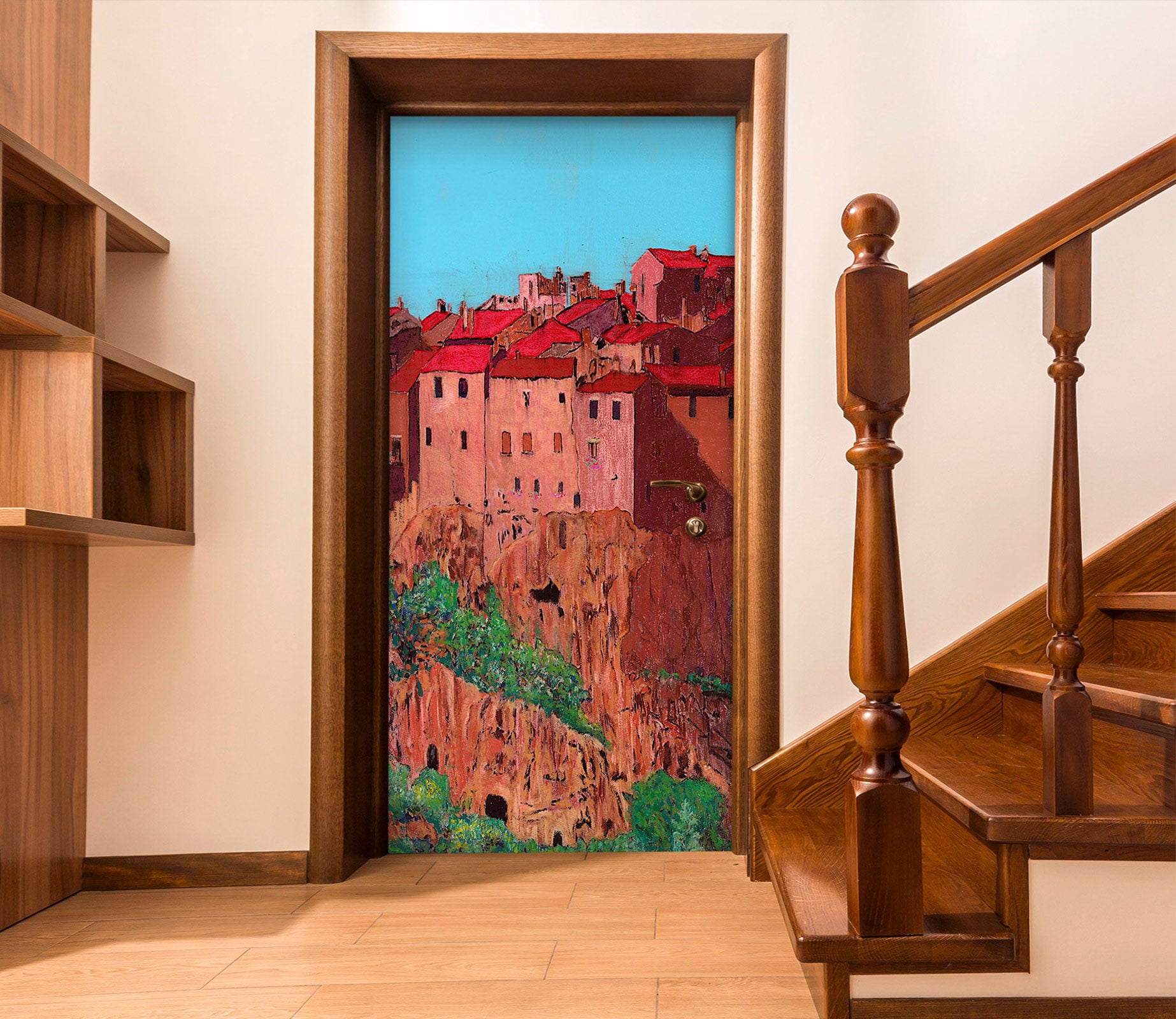 3D Red Mountain House Green Tree 9409 Allan P. Friedlander Door Mural