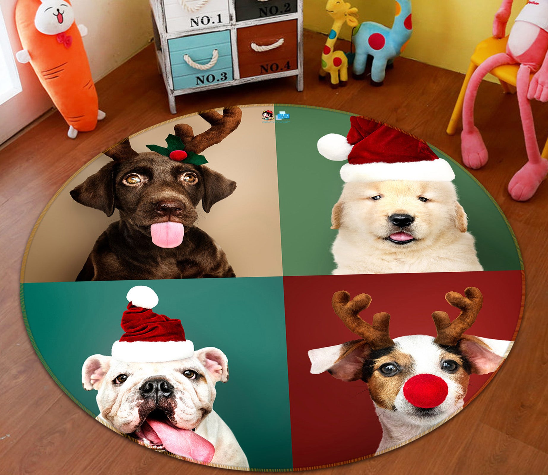 3D Dog 55268 Christmas Round Non Slip Rug Mat Xmas