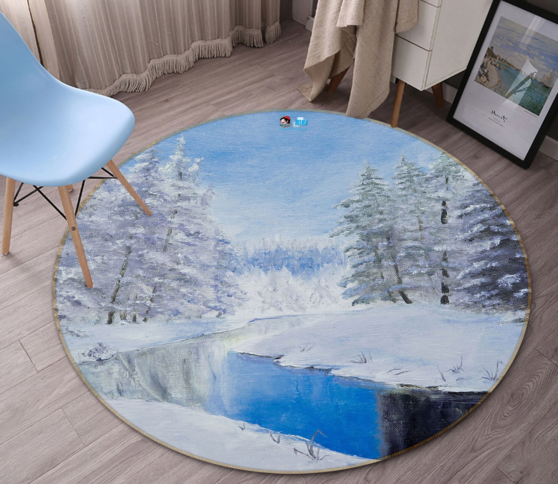 3D Snowy Tree Creek 9754 Marina Zotova Rug Round Non Slip Rug Mat