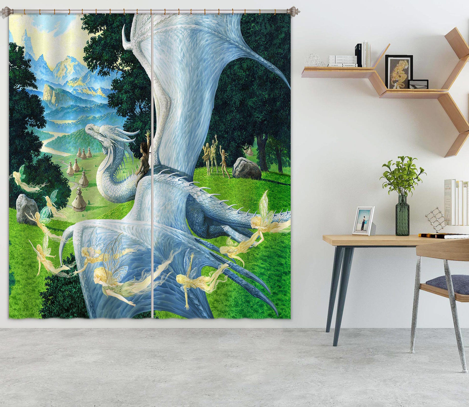 3D White Dragon Elf 7220 Ciruelo Curtain Curtains Drapes