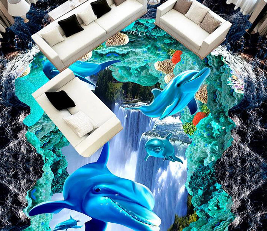 3D Waterfall Dolphin 621 Floor Mural  Wallpaper Murals Rug & Mat Print Epoxy waterproof bath floor