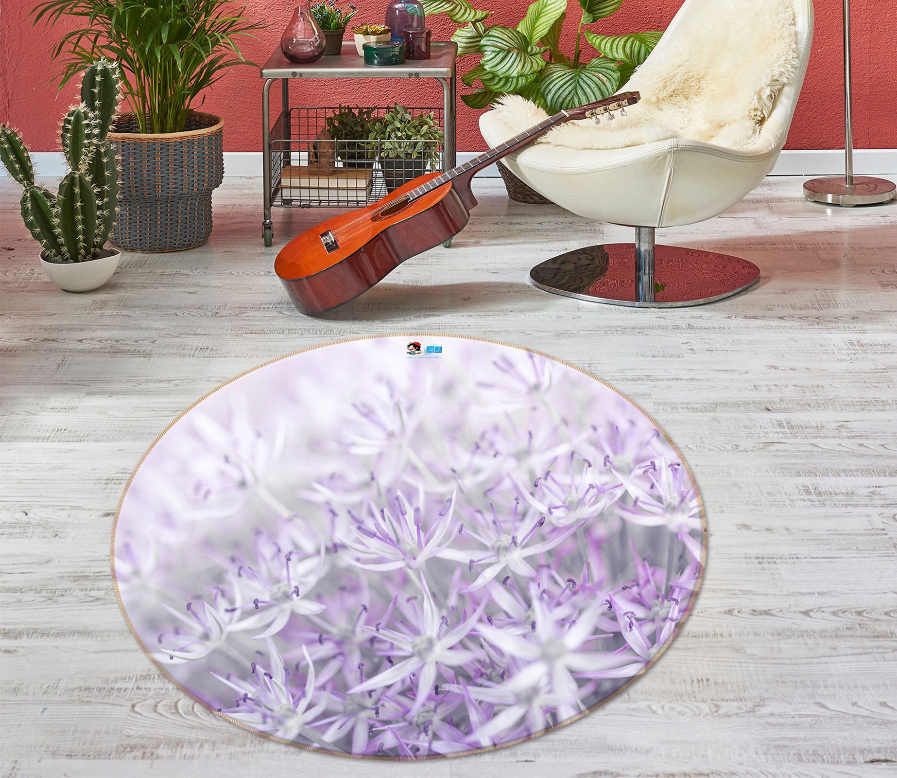 3D Purple Flower 7563 Assaf Frank Rug Round Non Slip Rug Mat