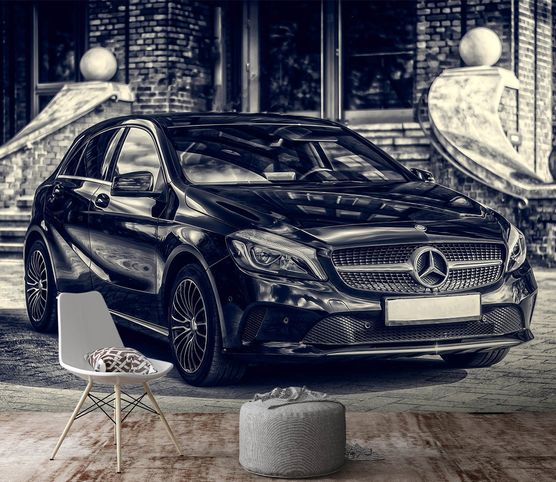 3D House Black Car 058 Vehicle Wall Murals