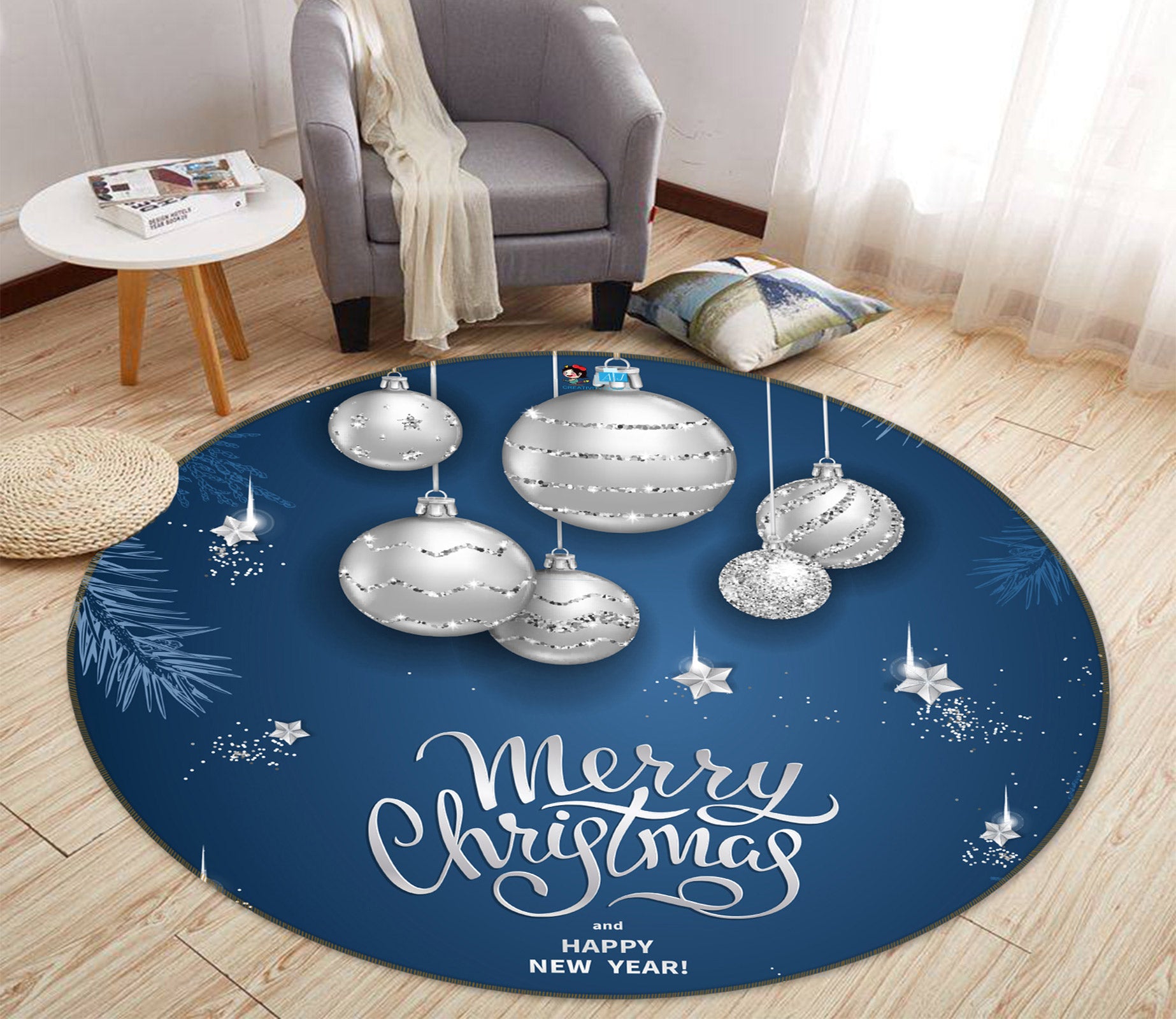 3D White Ball 55230 Christmas Round Non Slip Rug Mat Xmas