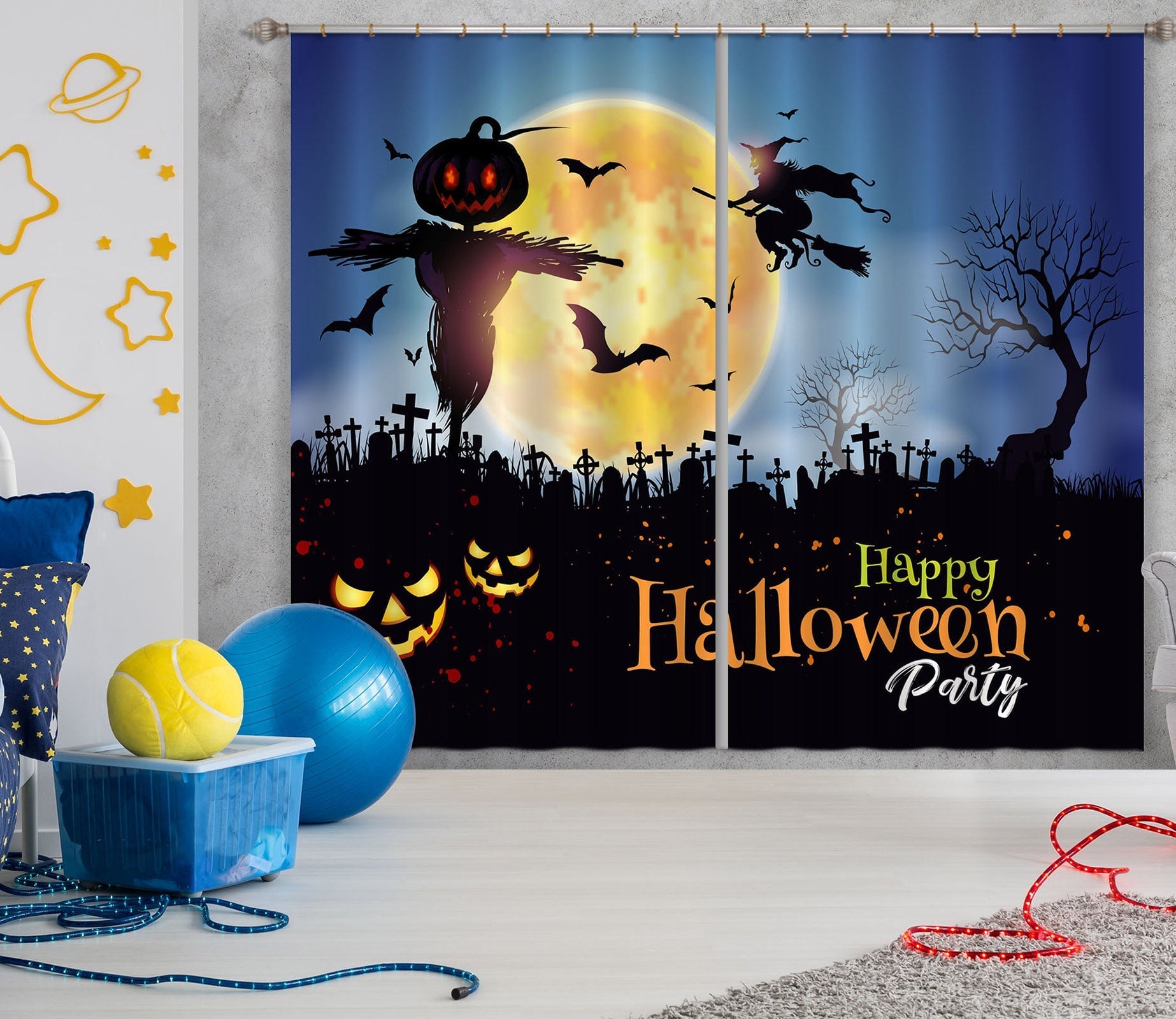 3D Cemetery Scarecrow 026 Halloween Curtains Drapes Curtains AJ Creativity Home 