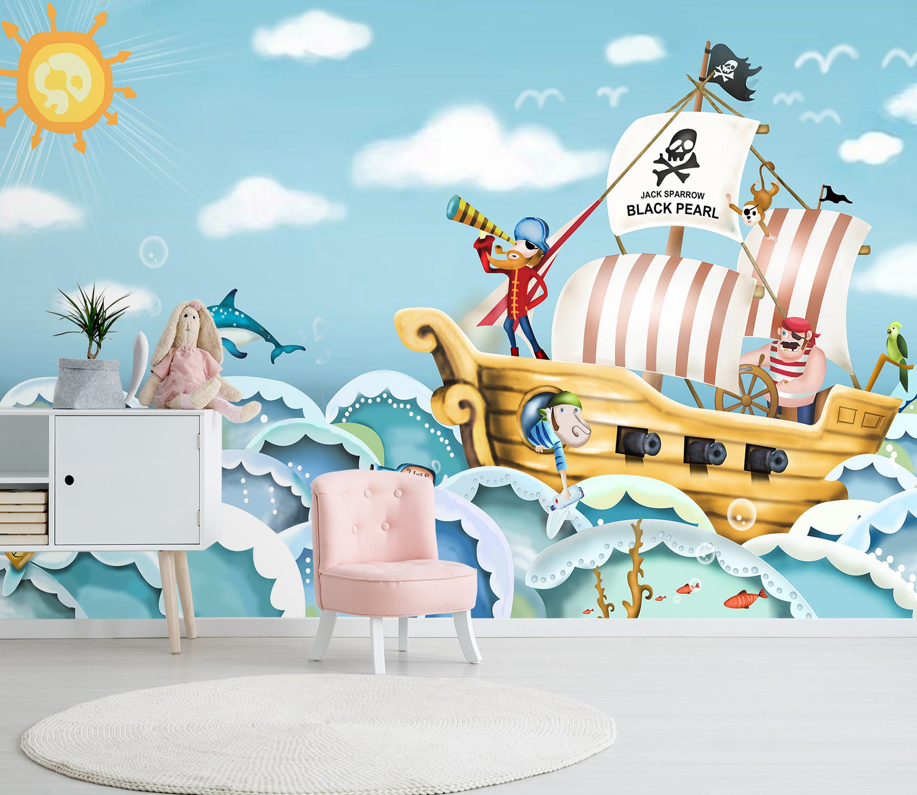 3D Cartoon Pirate Ship 006 Wall Murals