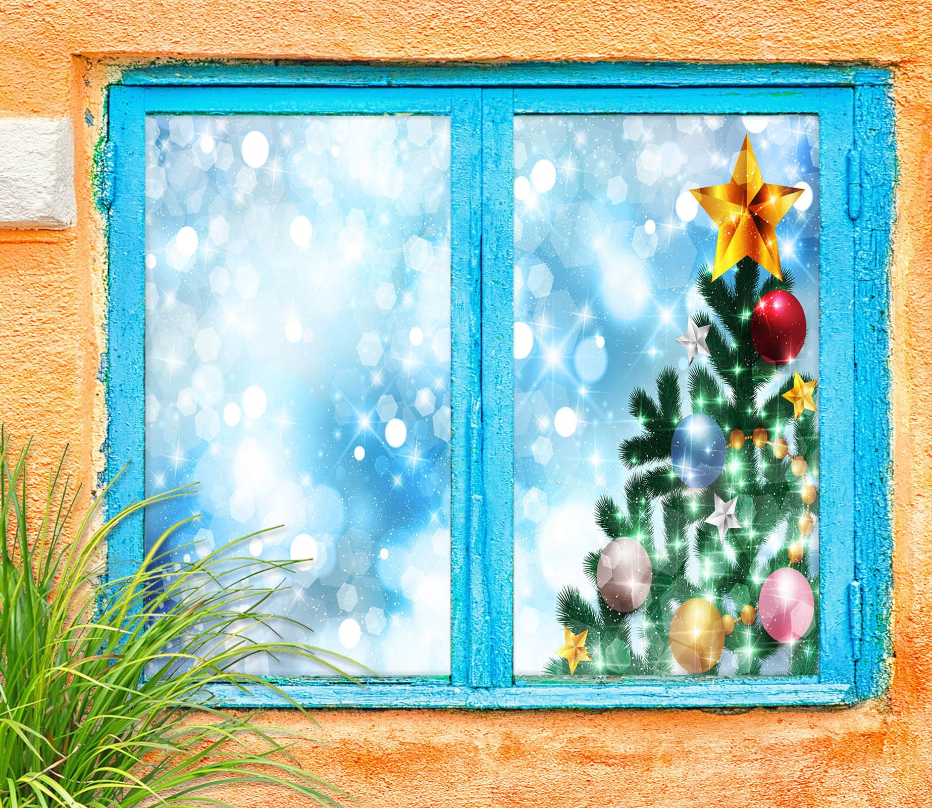 3D Tree Five-Pointed Star 31036 Christmas Window Film Print Sticker Cling Stained Glass Xmas