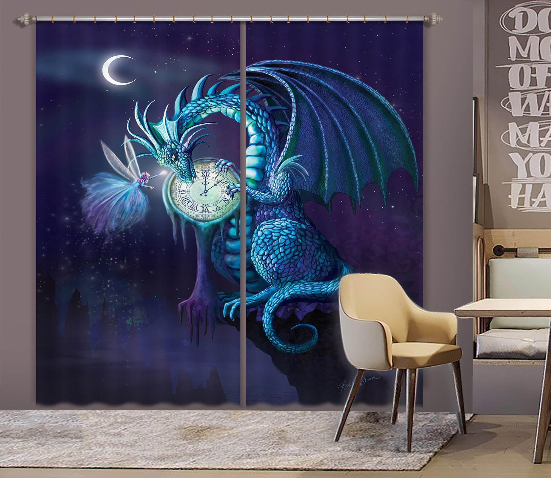 3D Dragon Clock 124 Rose Catherine Khan Curtain Curtains Drapes