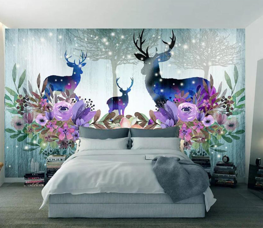 3D Blue Deer Flower WG571 Wall Murals