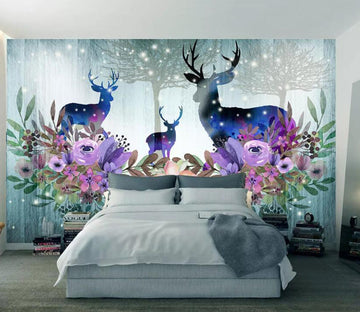 3D Blue Deer Flower WG571 Wall Murals
