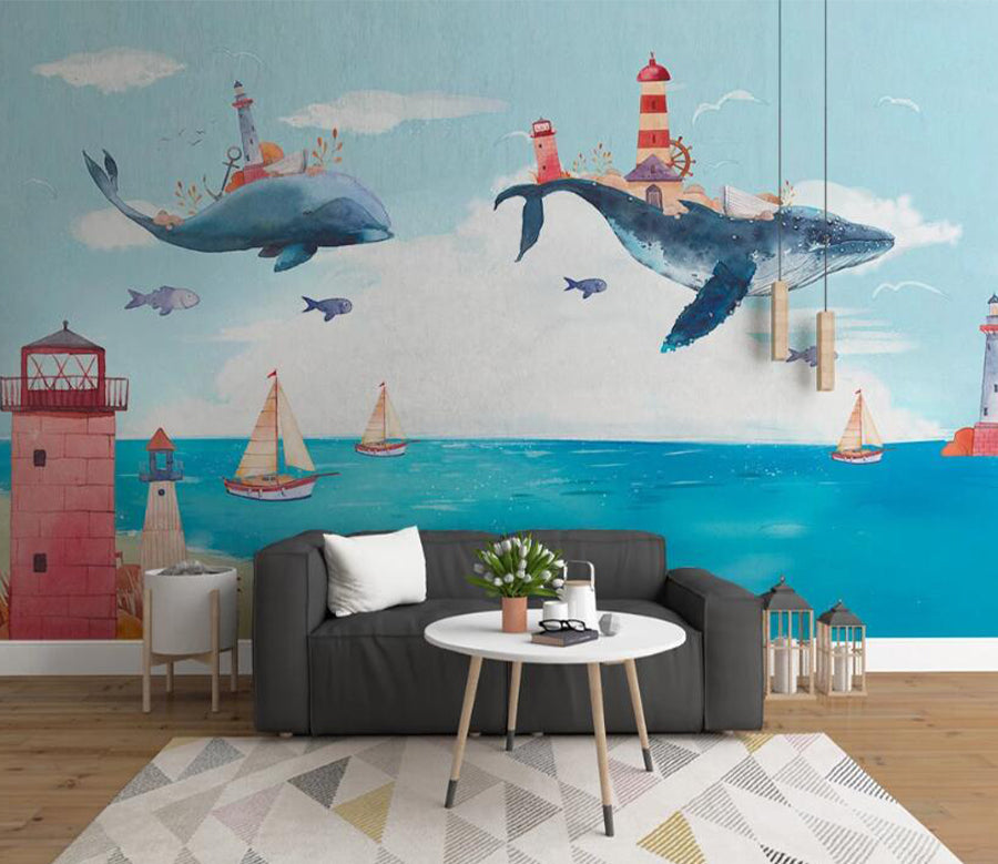 3D Lighthouse Whale WC1612 Wall Murals