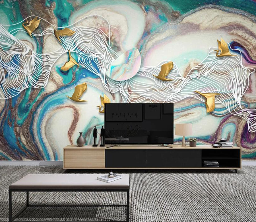 3D Gold Crane WC2323 Wall Murals