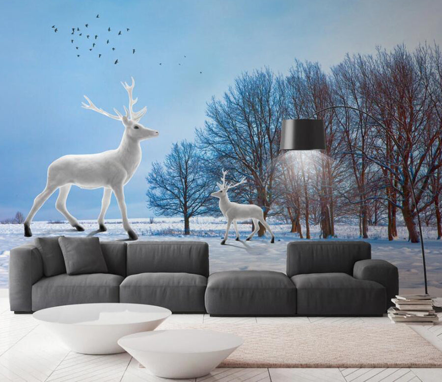 3D White Deer Bird WC1628 Wall Murals