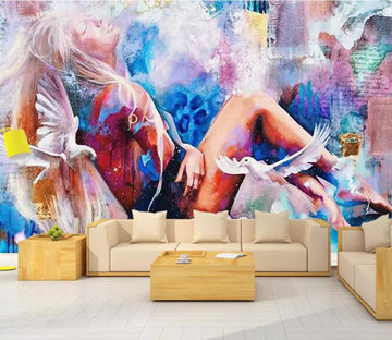 3D Woman Pigeon WG1156 Wall Murals