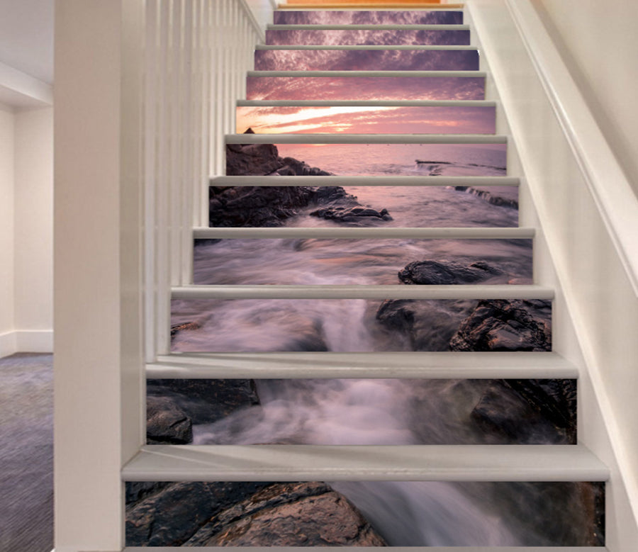 3D Pink Sky And Flowing Water 113 Stair Risers