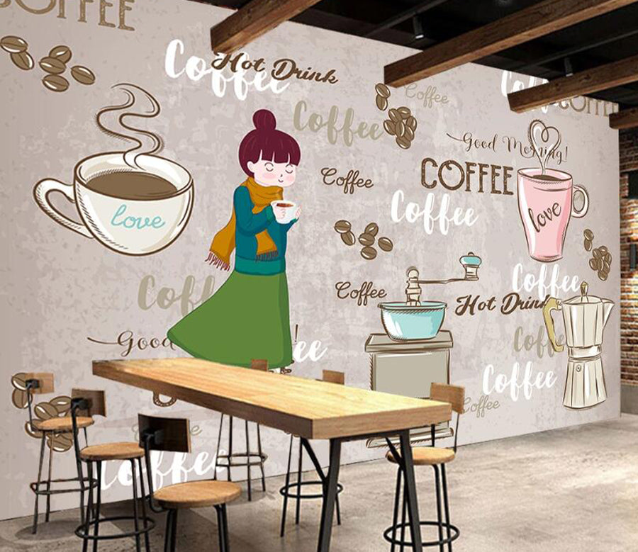 3D Girl Coffee WC2536 Wall Murals